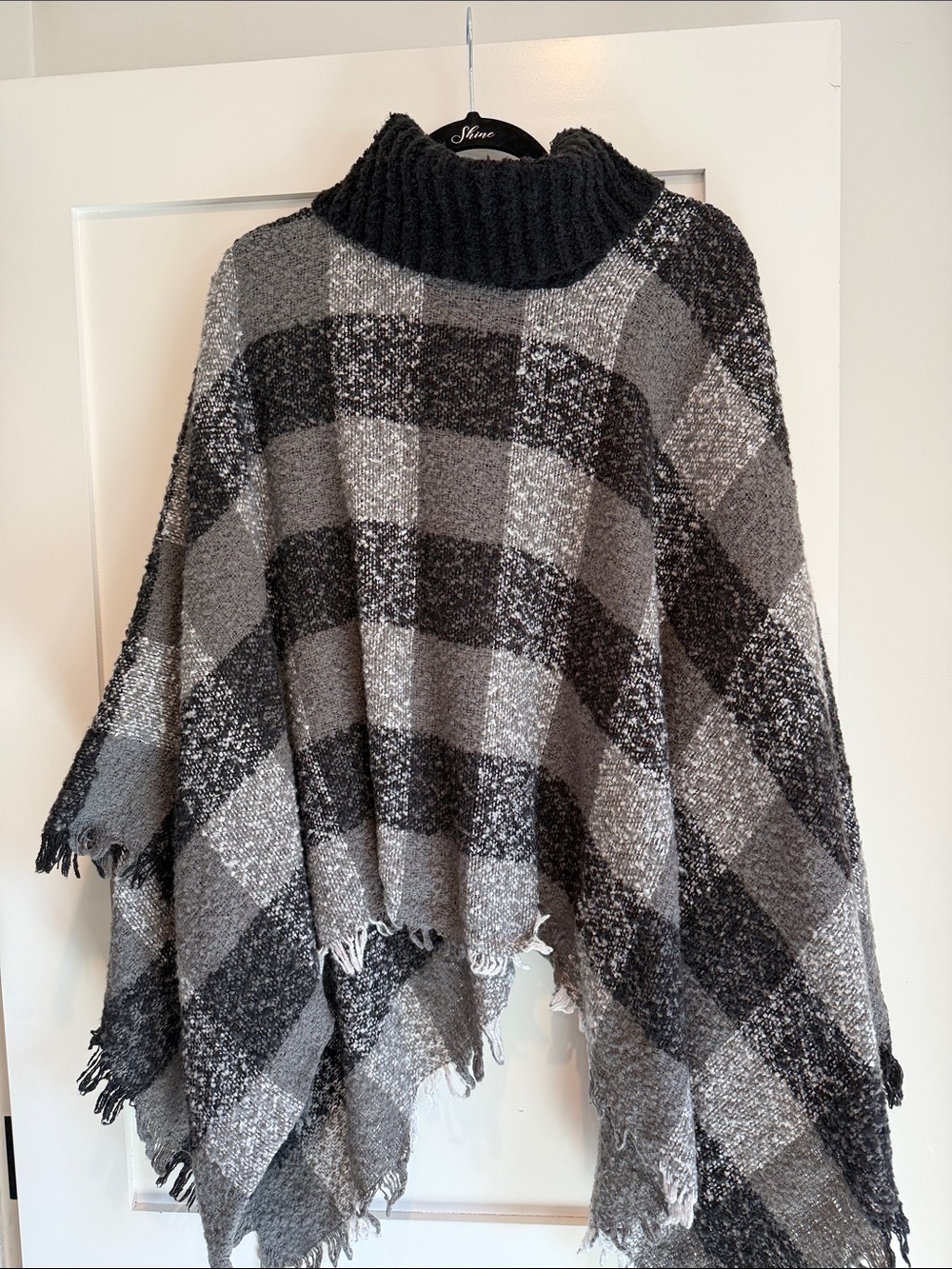 Black & Gray Plaid Turtleneck Poncho Sweater - Cozy Layering